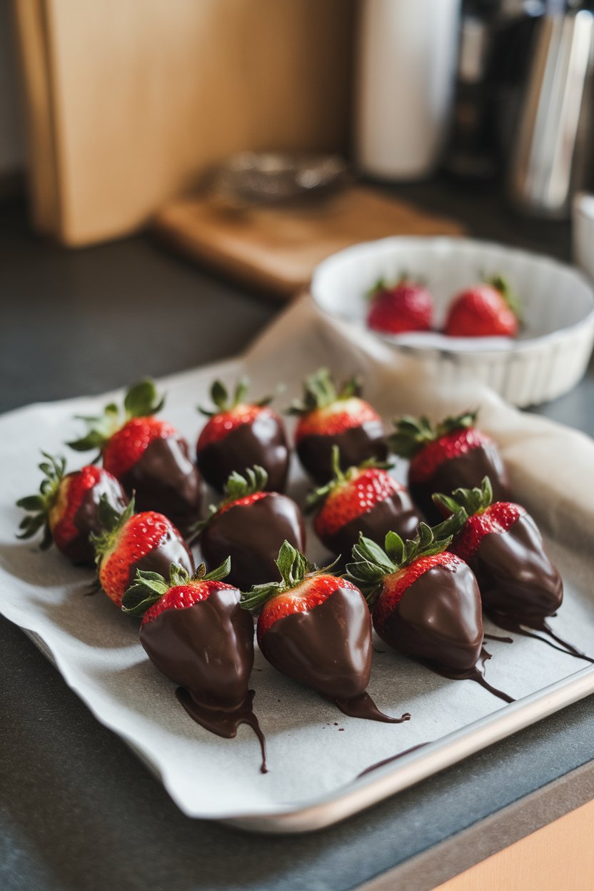 Indoor kitchen counter with a parchment sheet holding fresh strawberries half-dipped in glossy dark chocolate, chocolate hardened. No text or logos. Photo.