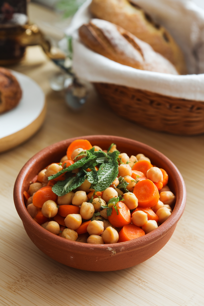 Indoor tabletop featuring a clay bowl filled with orange carrots, chickpeas, and apricots in aromatic sauce, topped with chopped mint. No text or logos.