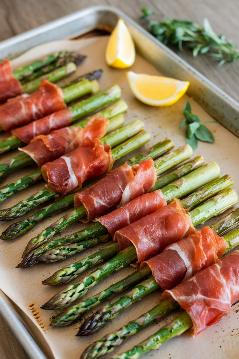 Indoor photo of roasted asparagus spears wrapped in crisp prosciutto on a baking sheet, no text or logos.
