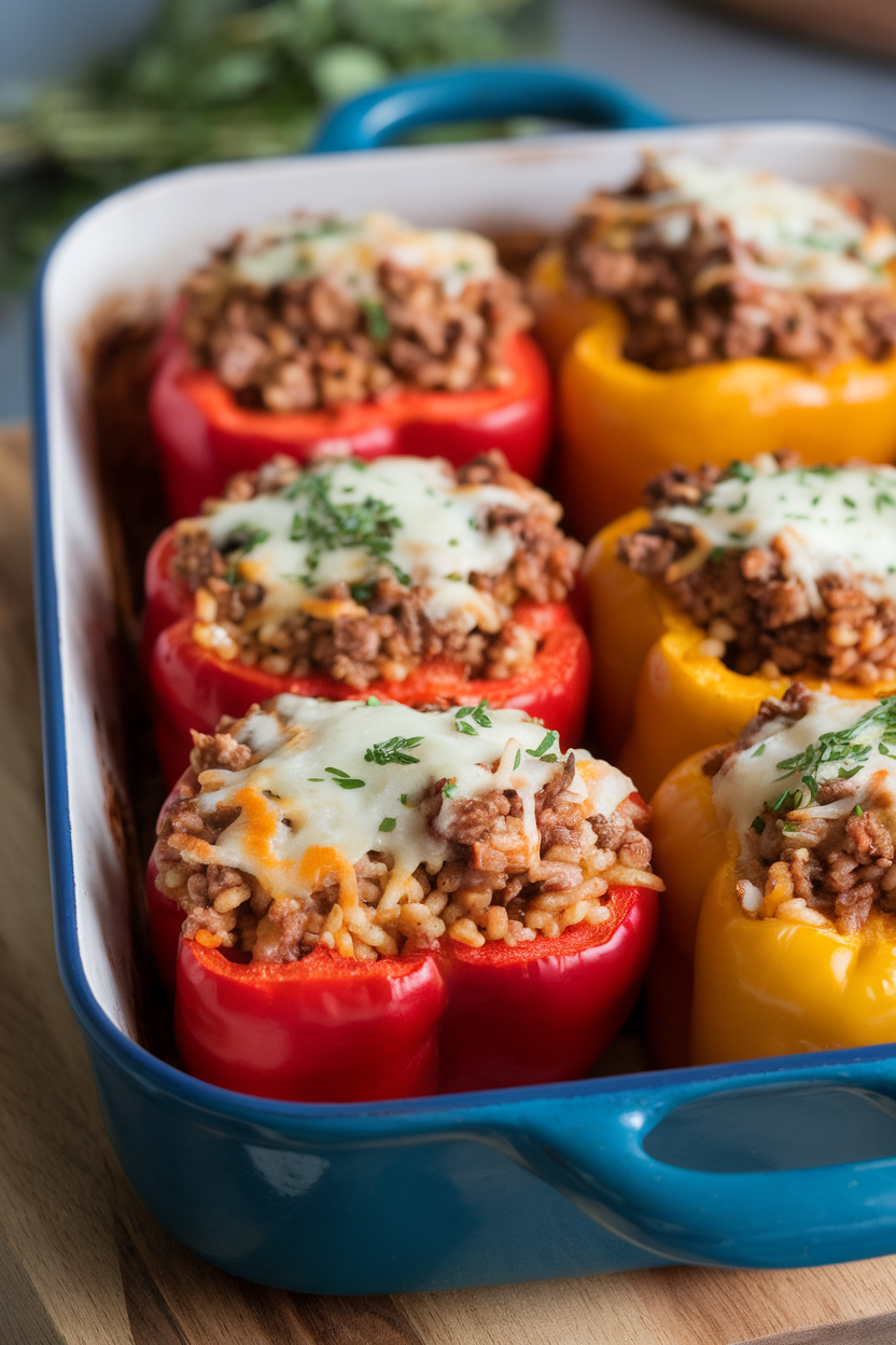 Indoor casserole dish featuring baked red and yellow bell peppers filled with brown rice, ground turkey, and herbs, cheese lightly melted on top; no text or logos, photo style.