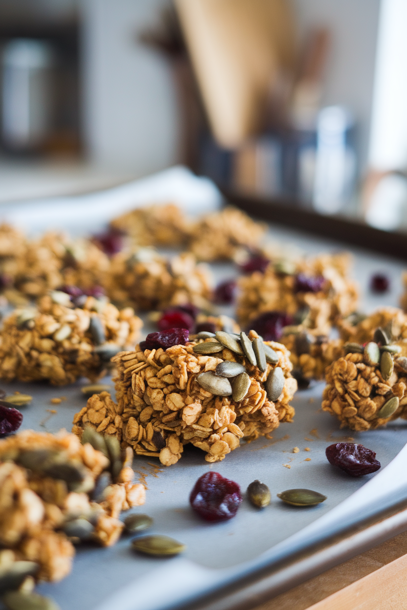 Baking sheet indoors with clumps of golden granola studded with pumpkin seeds and dried cranberries. No logos or text. Photo only.