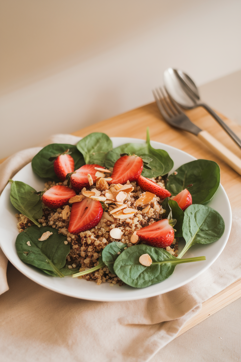 Indoor photo of baby spinach leaves tossed with quinoa, sliced strawberries, and slivered almonds on a white plate. No text or logos.