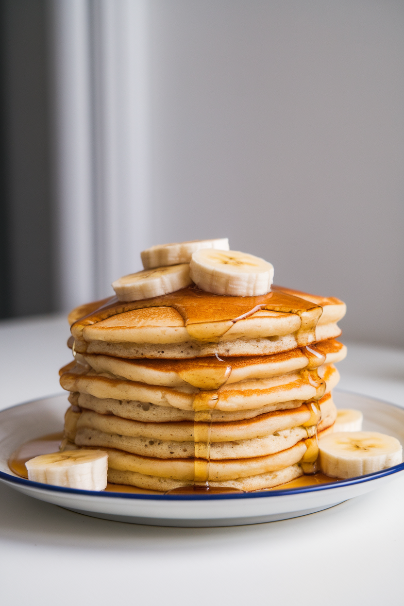 Photo of a stack of golden cottage-cheese banana pancakes on a white plate indoors, topped with sliced banana and a drizzle of pure maple syrup. No text or logos on dishware.