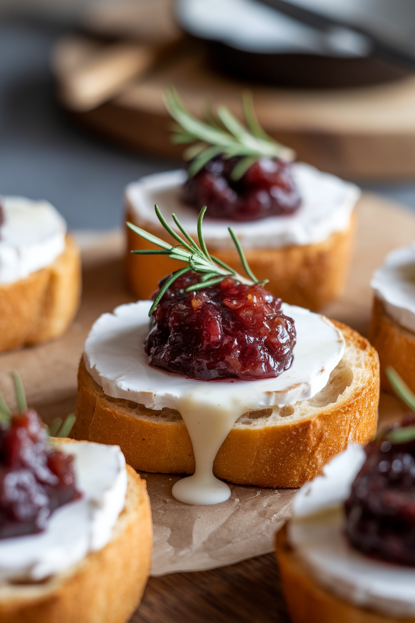 Close-up indoor shot of toasted baguette rounds topped with gooey brie and a dollop of fig jam, garnished with rosemary. No branding. Photo only.