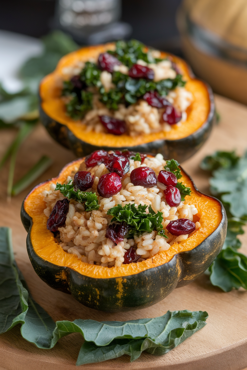 Indoor photo of roasted acorn squash halves overflowing with brown rice, cranberries, and chopped kale. No text or logos.