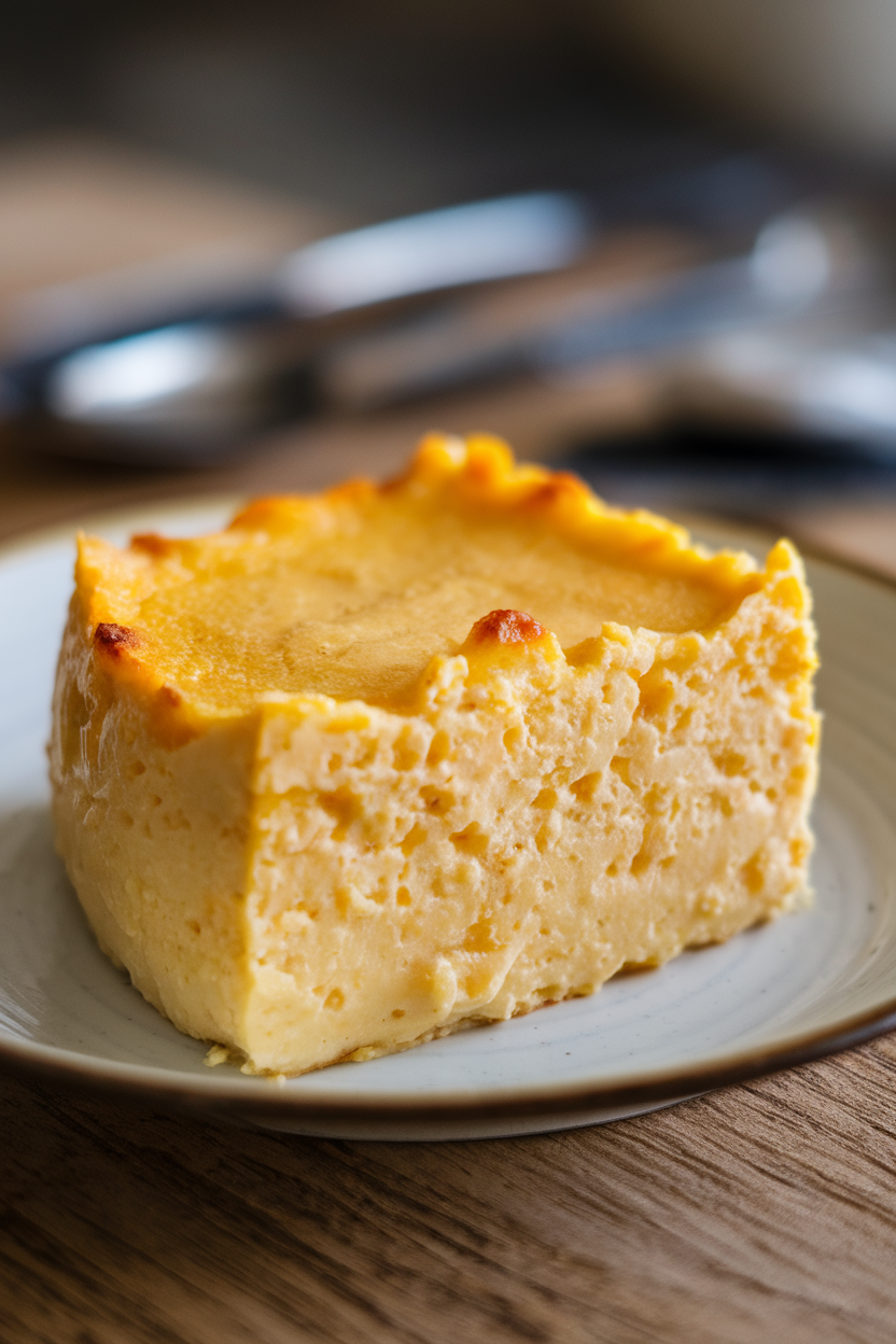Indoor photo of a slice of creamy corn pudding on a plate, golden edges visible, no text or logos.