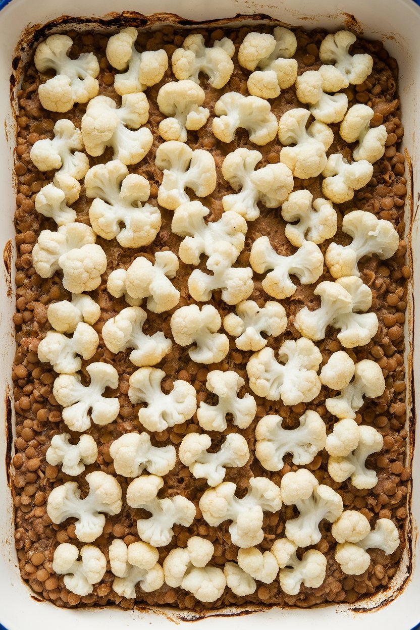A casserole dish indoors with lentil filling topped by piped mashed cauliflower, edges lightly browned. No text or logos; photo only.