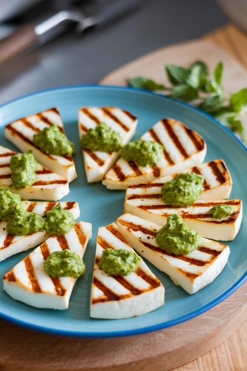 Indoor plate of golden grill-marked halloumi slices drizzled with vivid green mint pesto; no text or logos