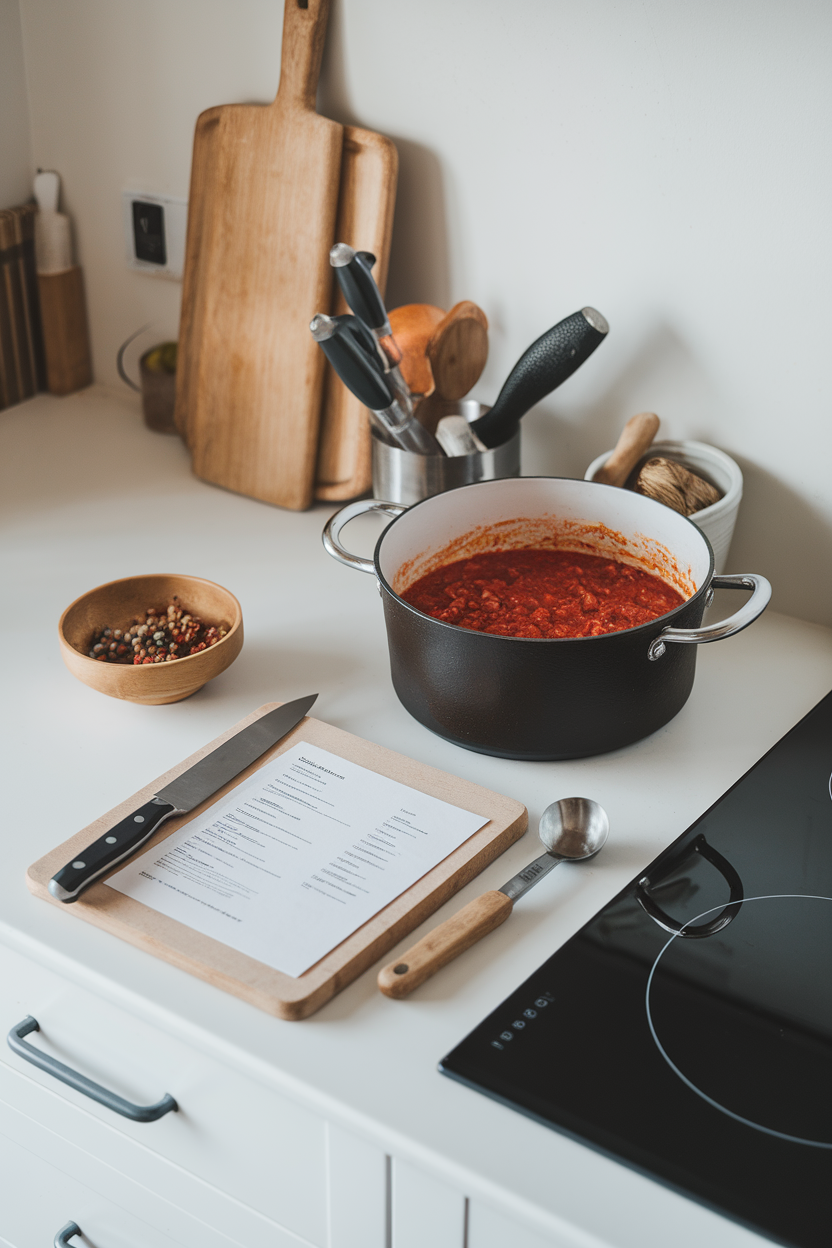 Indoor photo of a tidy kitchen counter with recipe notes, a bowl of whole spices, and a pot of simmering tomato sauce, no text or logos. Photo.