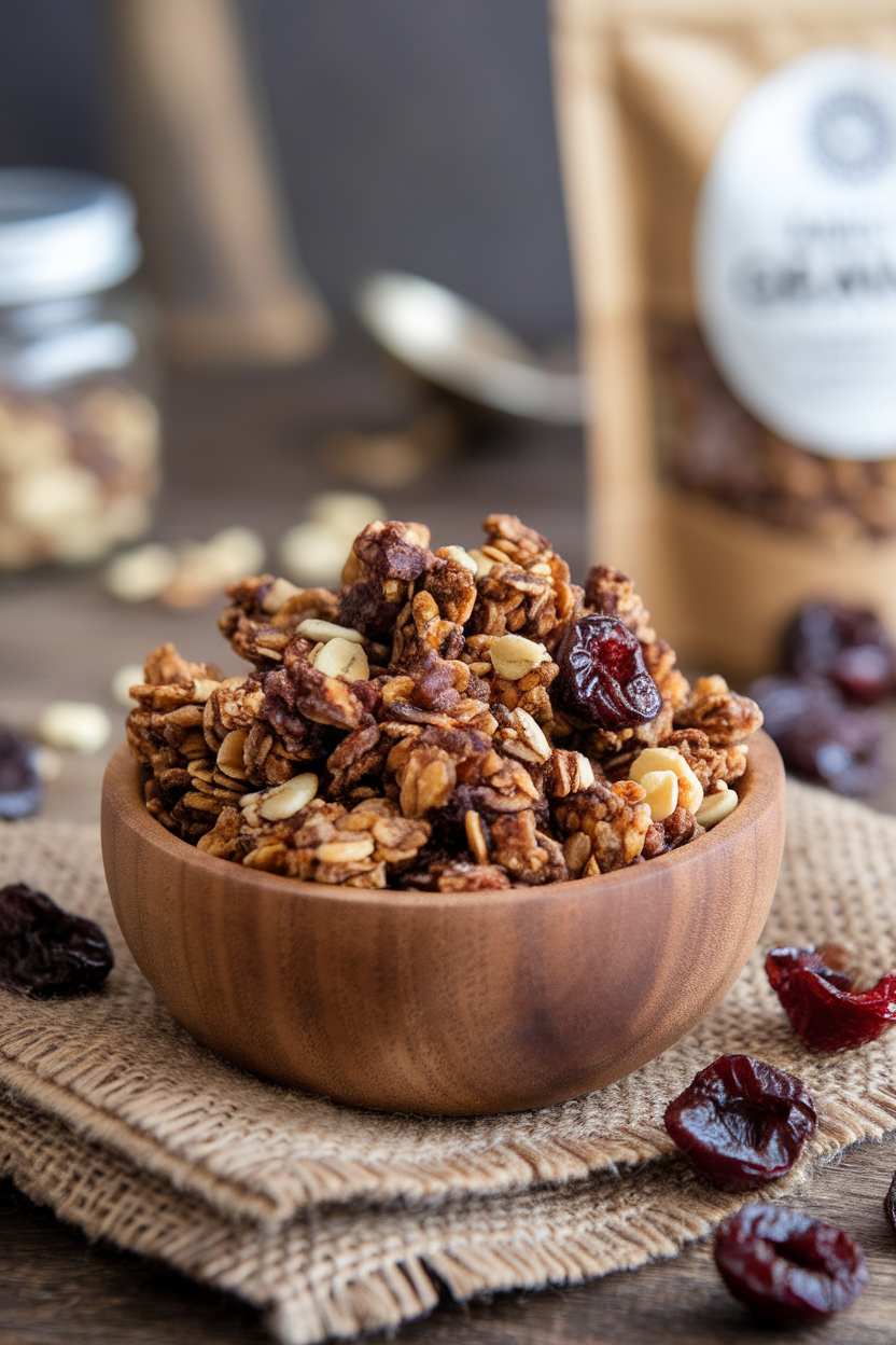 An indoor wooden bowl filled with chunky dark chocolate cherry granola clusters, a few dried cherries nearby. Photo, no text or logos.