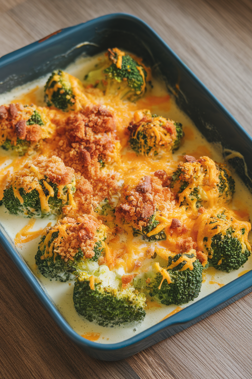 Indoor shot of a casserole dish containing broccoli florets in creamy sauce topped with melted cheddar and breadcrumbs. No text or logos.