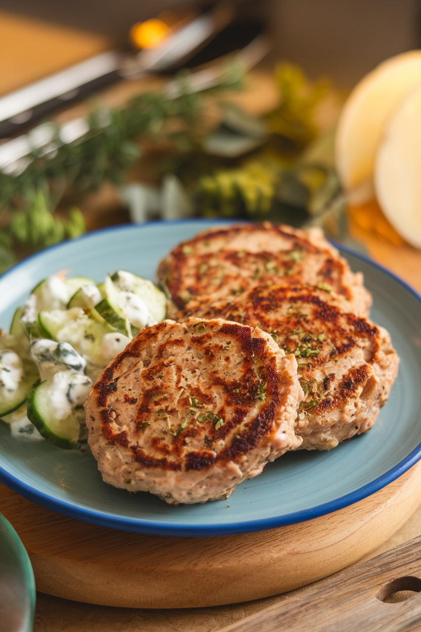 Indoor photo of seared turkey patties speckled with herbs and spices, side of cucumber yogurt salad, no text or logos.