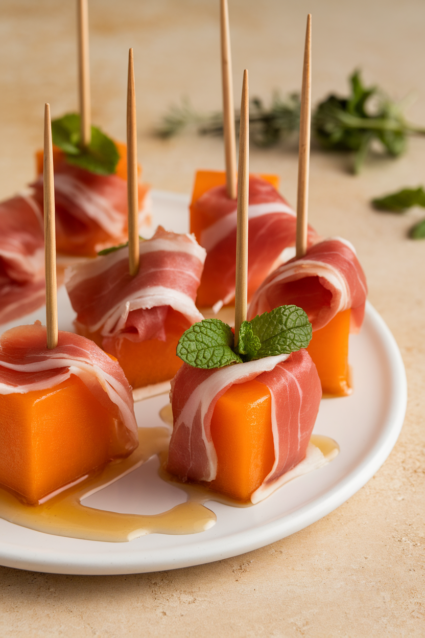 Indoor photo of cocktail sticks spearing cantaloupe cubes wrapped in thin prosciutto strips, mint leaf accent. No text or logos.