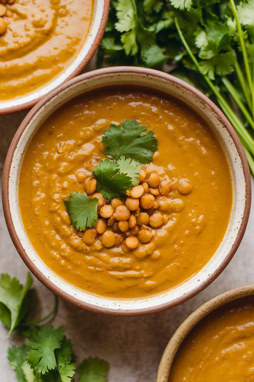 A ceramic indoor soup bowl filled with golden coconut lentil soup, garnished with cilantro. No text or logos. Photo only.