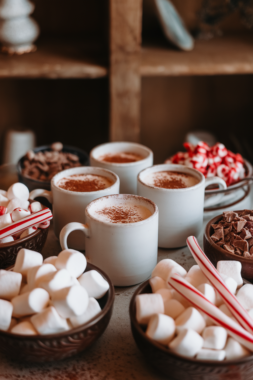Indoor photo of mugs of hot cocoa surrounded by bowls of marshmallows, peppermint sticks, and chocolate shavings; no text or logos