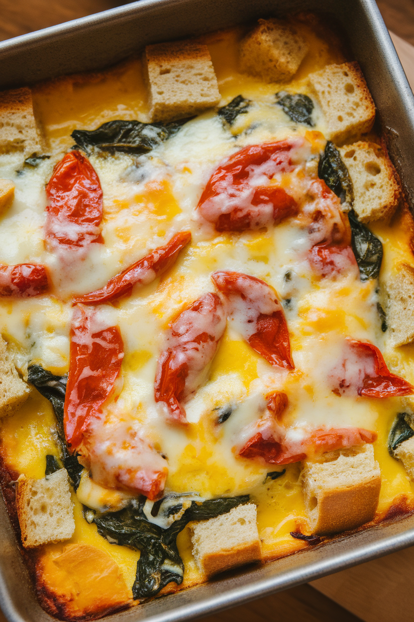 Photo of a square baking dish indoors containing layered bread cubes, wilted spinach, and roasted red peppers set in an egg custard, cheese melted on top. No text or logos visible.