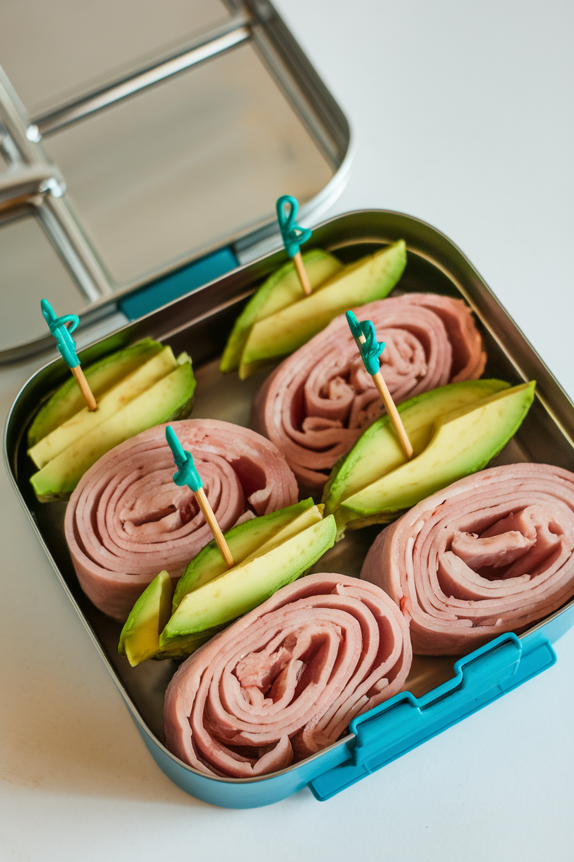 Photo of an indoor lunch box containing slices of smoked cooked turkey wrapped around avocado strips, secured with toothpicks. No text or logos visible.