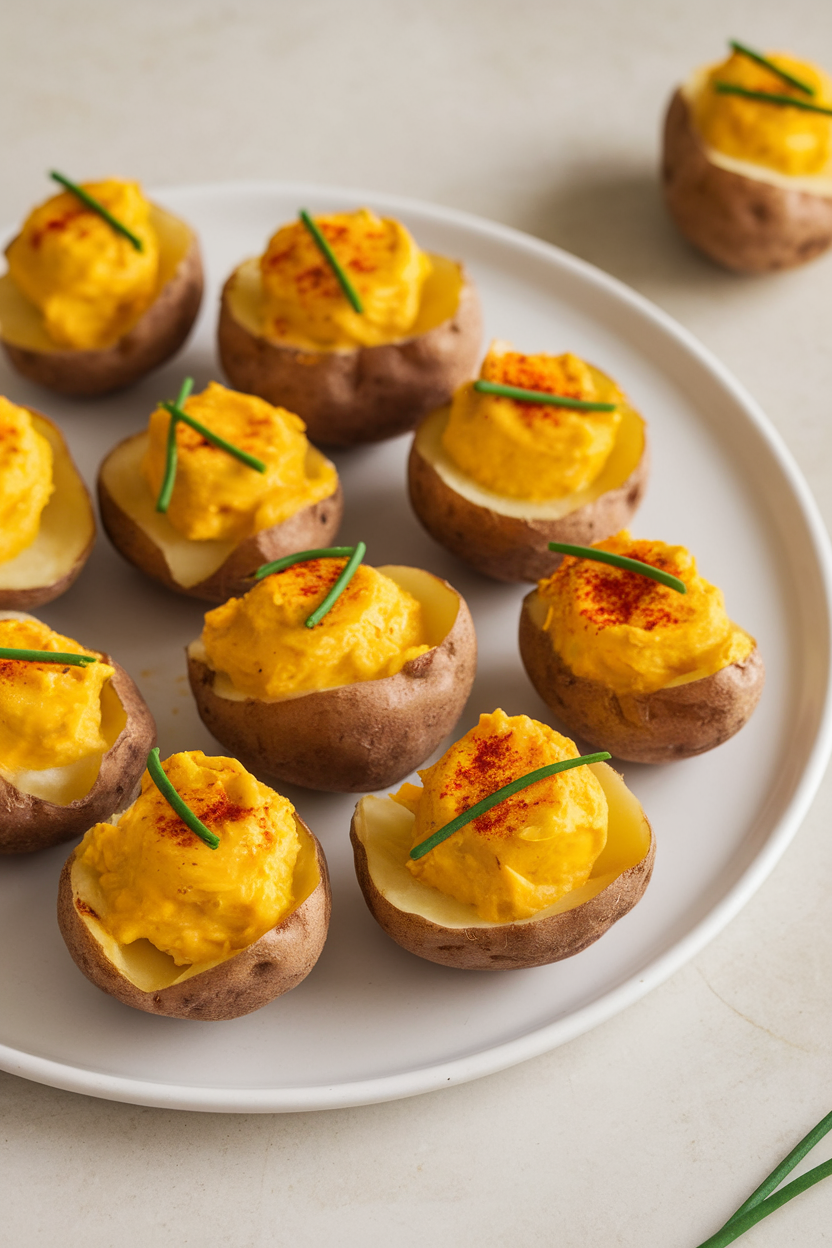 Indoor photo of baby potatoes halved and filled with bright yellow turmeric-spiced yolk mixture, garnished with chives, on a white plate. No text or logos.
