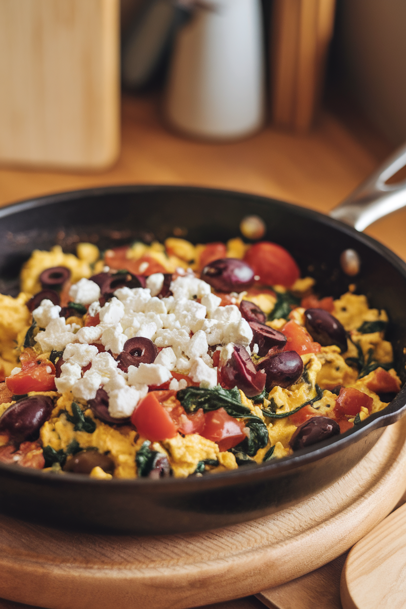 Indoor skillet photo of scrambled eggs mixed with olives, tomatoes, and spinach, feta crumbles on top, no text or logos.