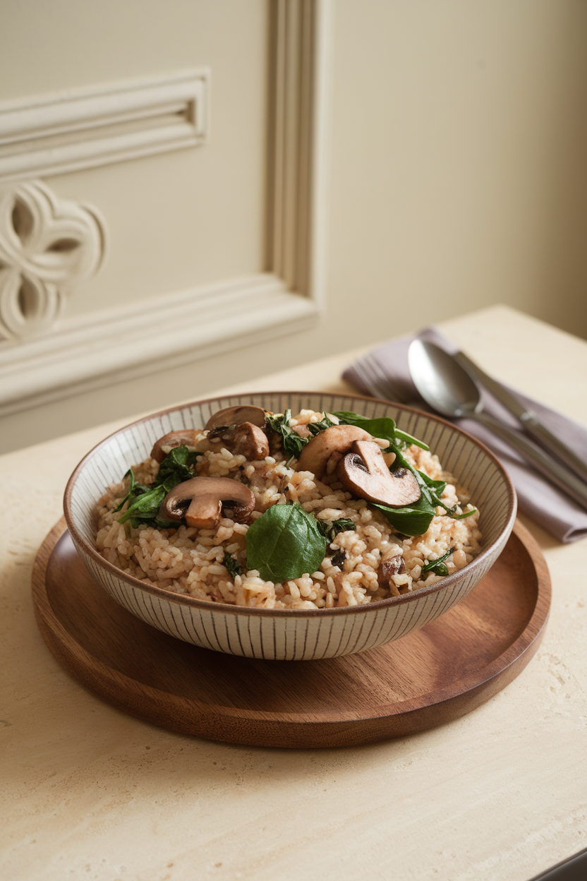 An indoor dining table displaying a serving bowl of brown rice pilaf dotted with sautéed mushrooms, baby spinach, and herbs. No text or logos visible. Photo.