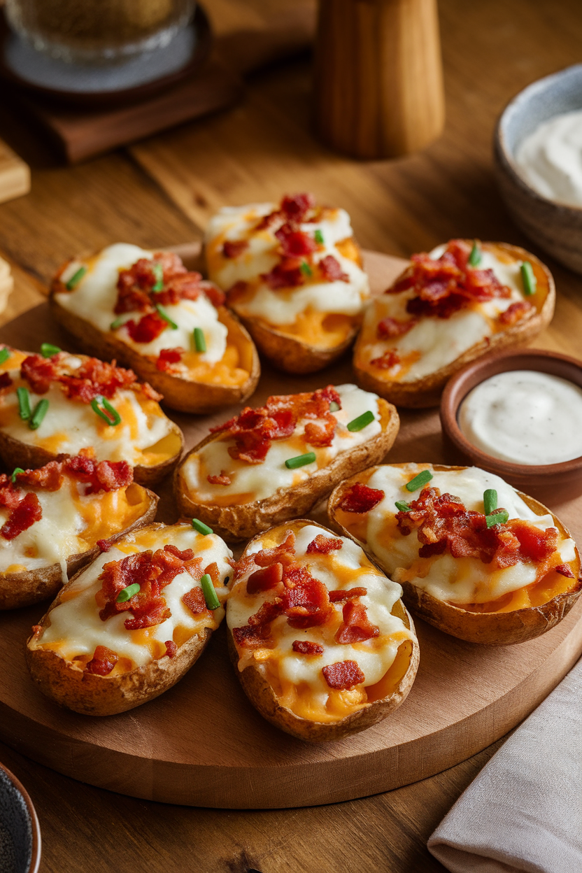 Indoor photo of crispy potato skins topped with melted cheese, bacon bits, and chives on a platter, no text or logos