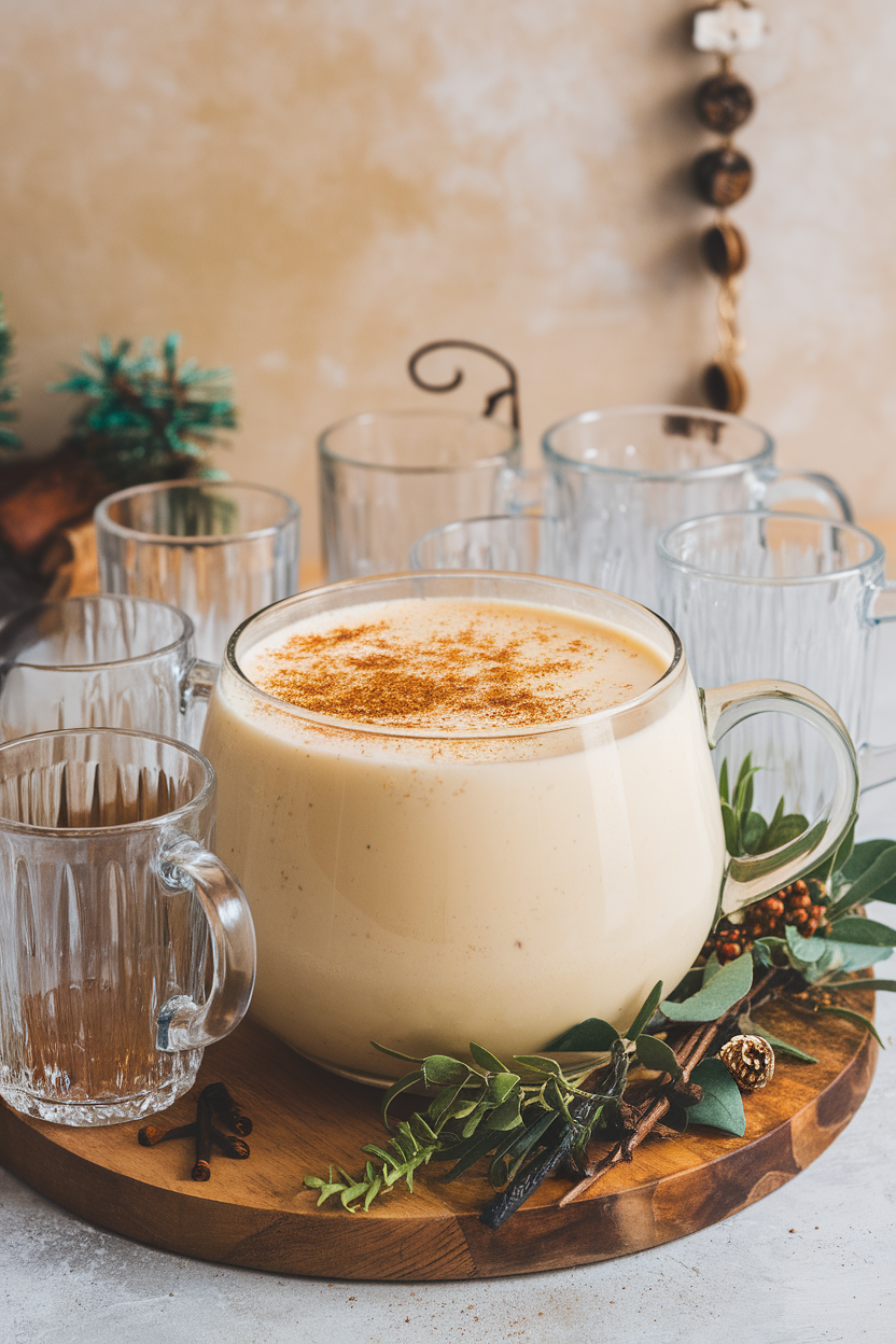 Indoor photo of a punch bowl of creamy eggnog dusted with nutmeg, surrounded by clear glass mugs. No text or logos.