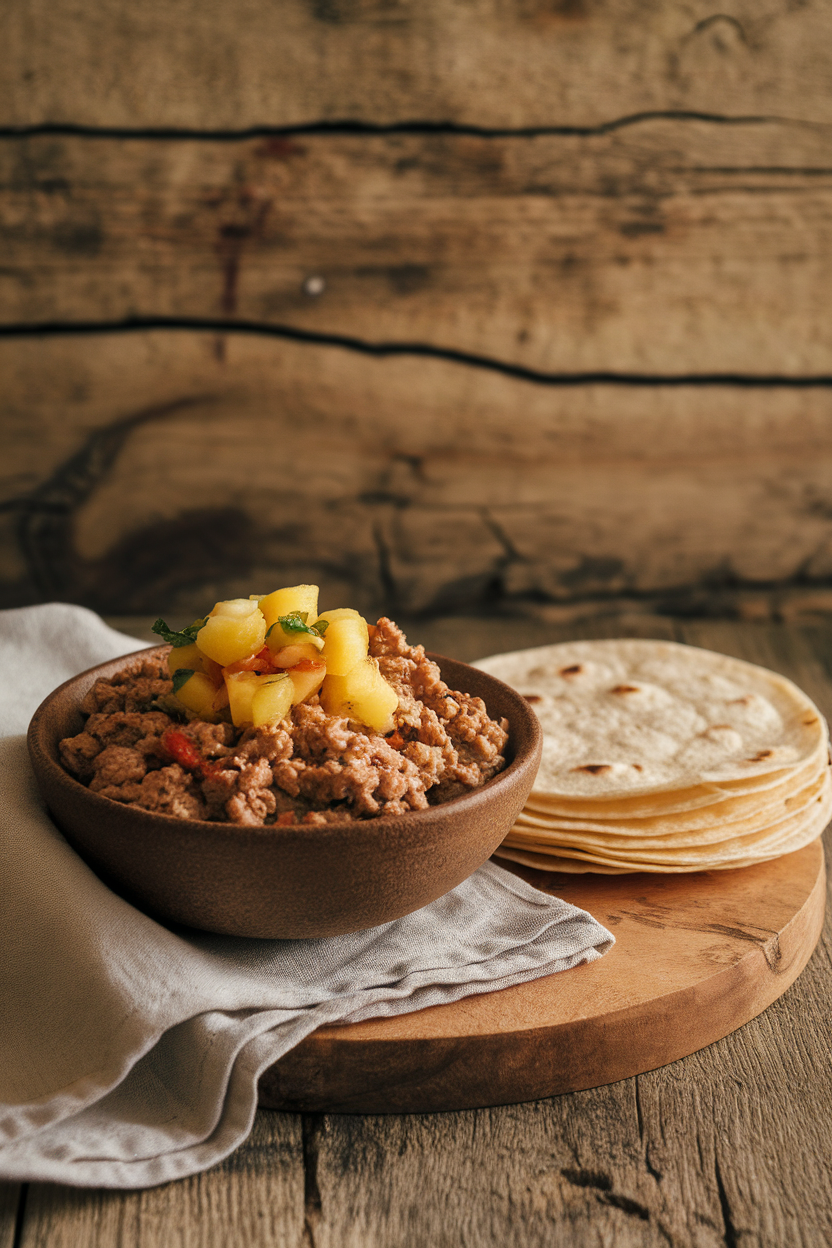 Indoor photo of ground turkey taco filling with pineapple salsa in a serving bowl, tortillas stacked nearby, no text or logos.