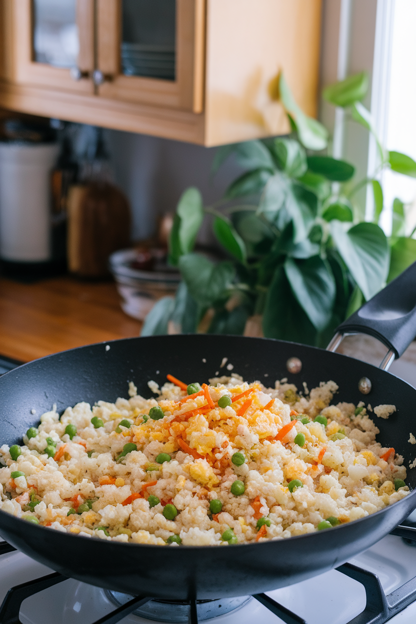 An indoor stovetop scene with a wok full of cooked cauliflower rice speckled with peas, carrots, and scrambled egg bits. Photo, no text or logos.