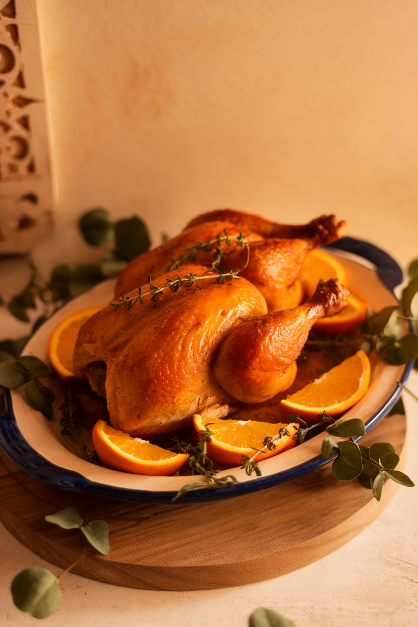 Two golden roasted Cornish hens on a ceramic platter indoors, garnished with orange wedges and thyme sprigs. Photo, no text or logos.