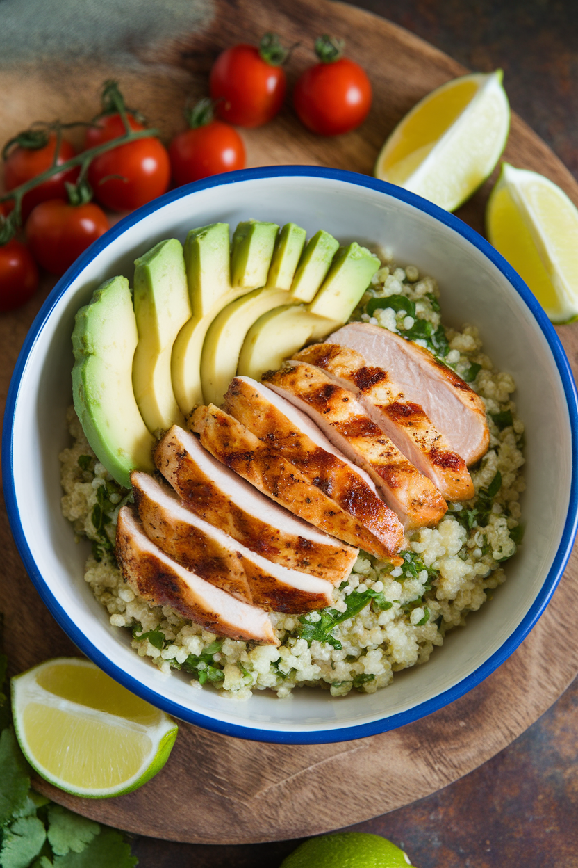 A shallow indoor bowl with half-cup cilantro lime quinoa topped by sliced grilled chicken breast and avocado fan. No text or logos.