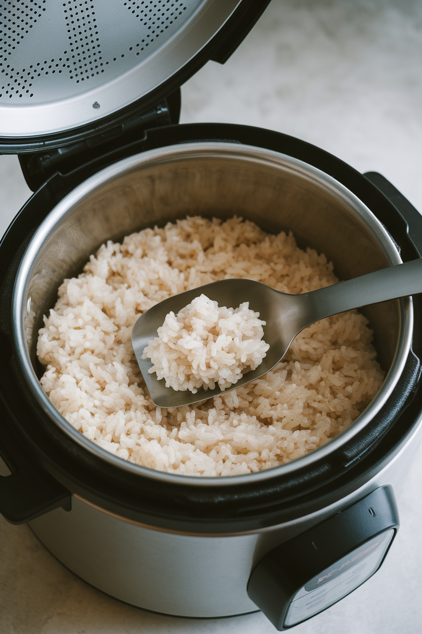 Indoor rice cooker opened to reveal perfectly steamed brown rice, serving paddle ready; no text or logos. Photo.