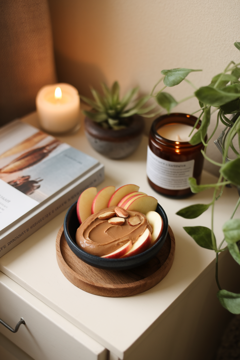 A small bowl of sliced apple with almond butter on a bedside table under soft indoor light; no text or logos; photo