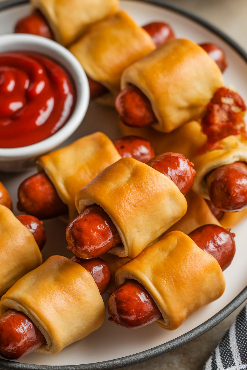 An indoor holiday platter stacked with mini sausages wrapped in golden crescent dough, a bowl of ketchup nearby, no text or logos.
