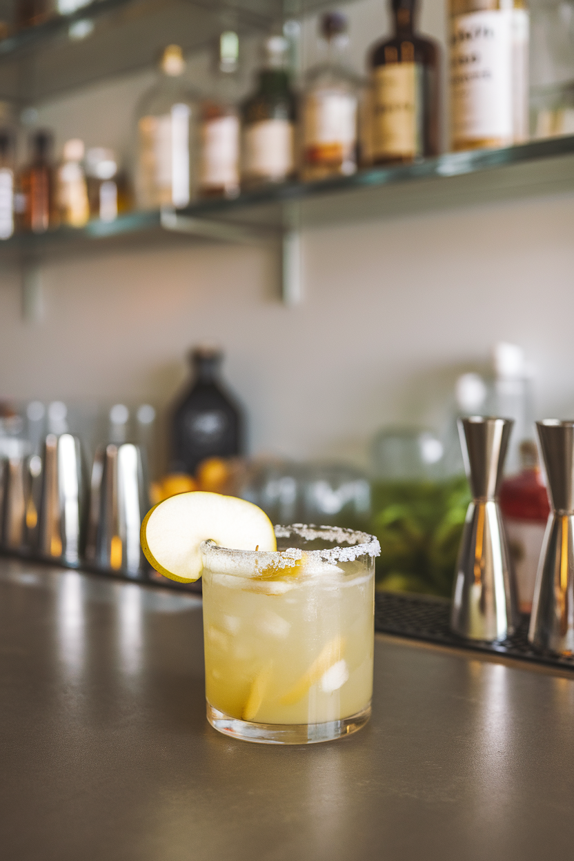 Indoor modern bar with rocks glass of vanilla pear margarita, salt-sugar rim, pear slice garnish. Photo, no text or logos.