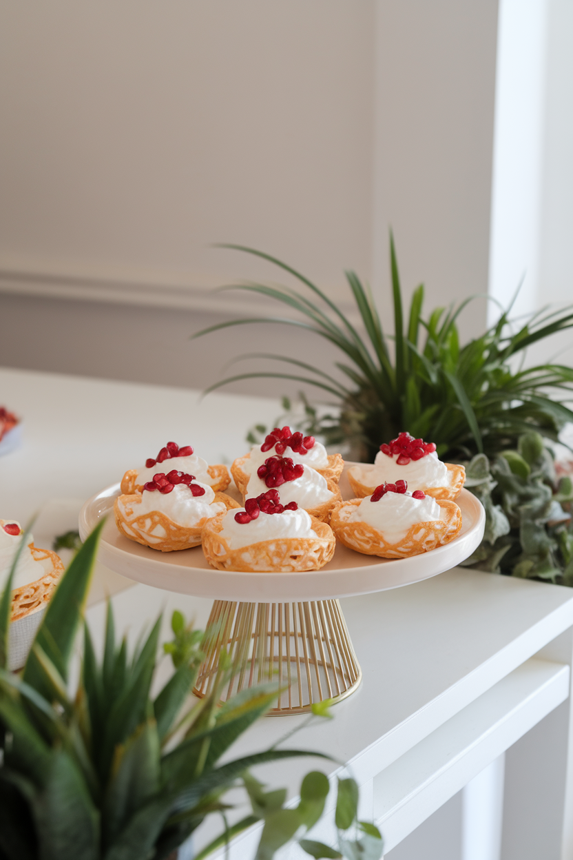 An indoor dessert stand holding small crisp meringue nests filled with whipped cream and sprinkled with pomegranate seeds, no logos.