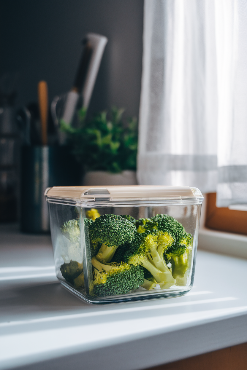 Photo, indoor kitchen counter displaying a glass meal-prep box filled with vivid green broccoli florets, soft morning light, no text or logos.