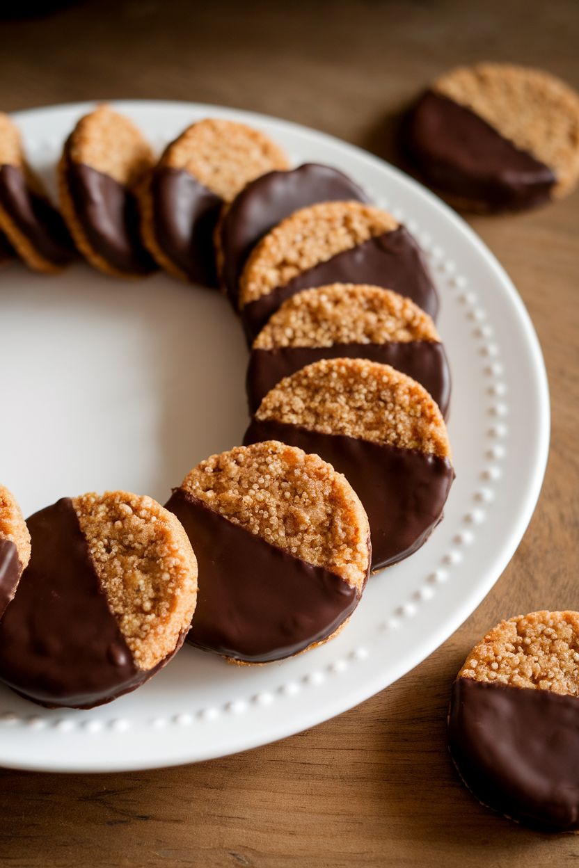 Photo prompt: Plate of quinoa crunch cookies half-dipped in dark chocolate, indoor ambient light, no text or logos.