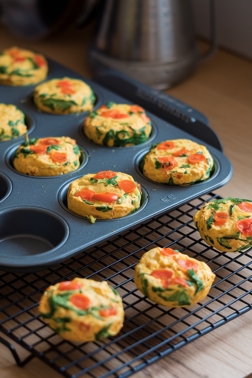 Indoor photo of a nonstick muffin pan filled with veggie egg bites cooling on a wire rack, no logos.