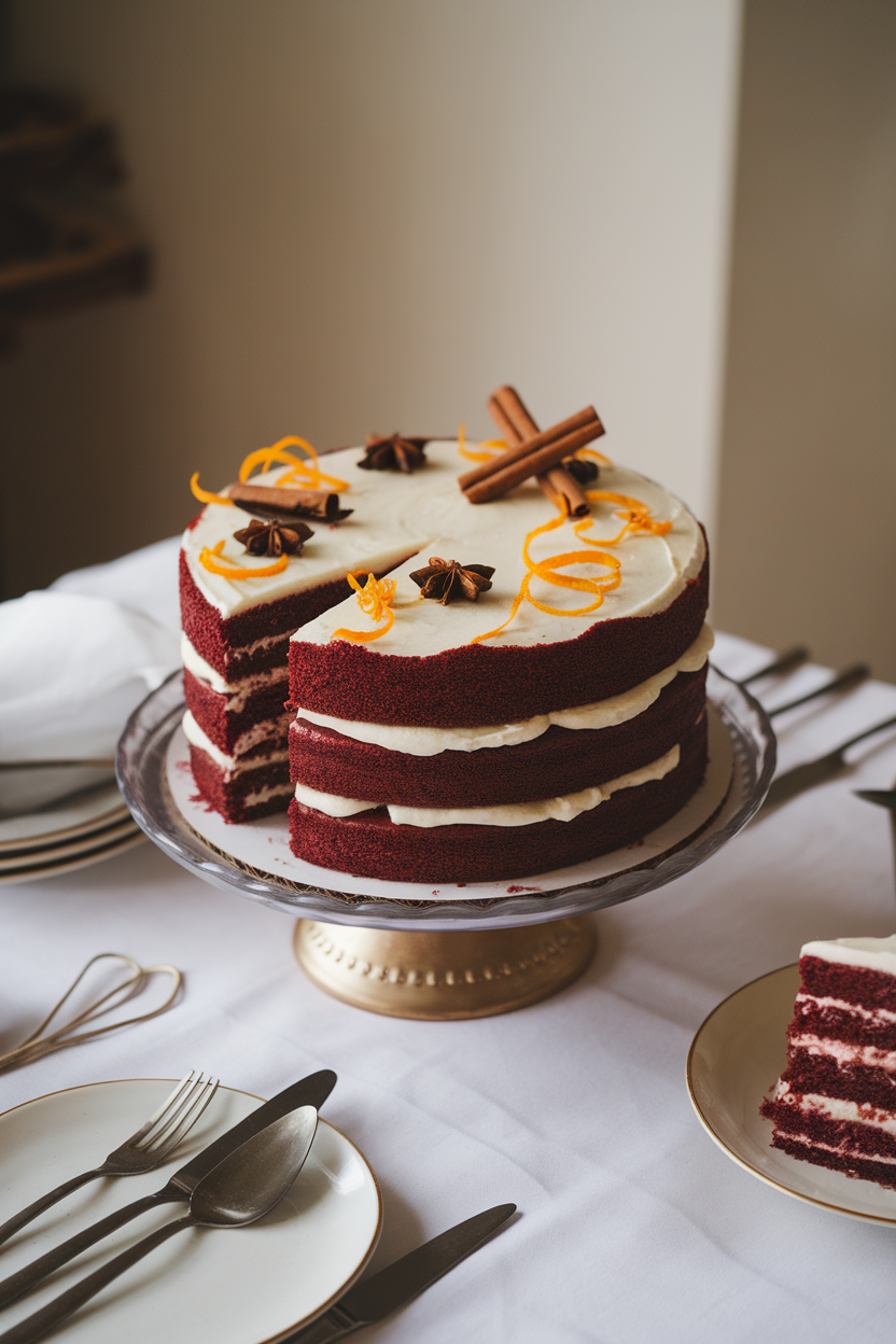 Rich burgundy-colored layer cake on an indoor dining table, frosted with cream cheese icing and adorned with cinnamon sticks, orange zest curls, and star anise. No brand imagery.
