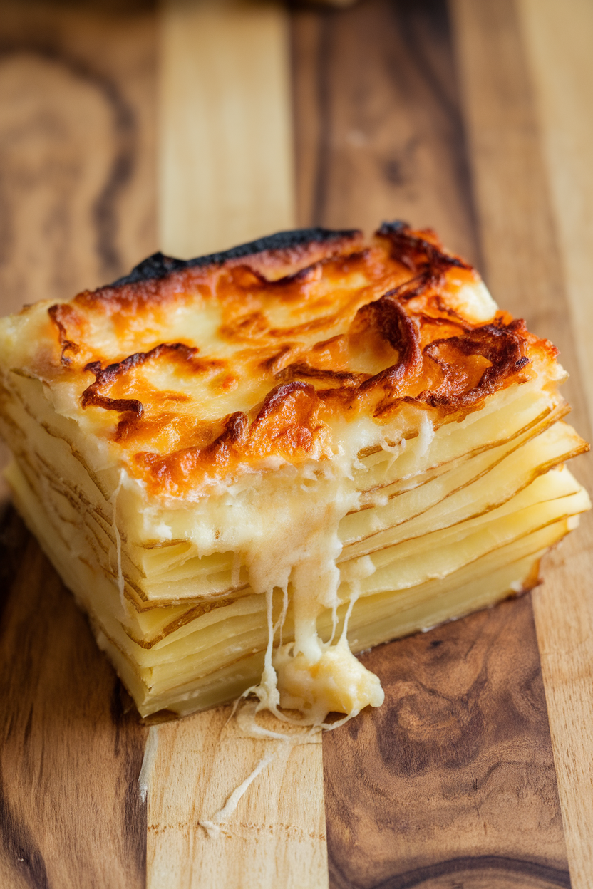 Indoor photo of a slice of potato gratin showing thin layers and melted Gruyère, browned cheese crust, no text or logos.