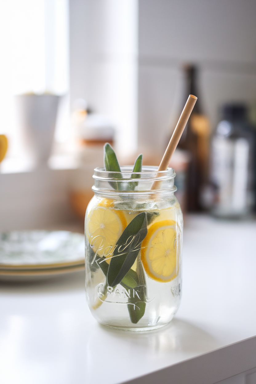 Bright indoor kitchen counter with a mason jar of sparkling sage lemonade, lemon slices and sage leaves floating, paper straw inserted. Photo, no text or logos.