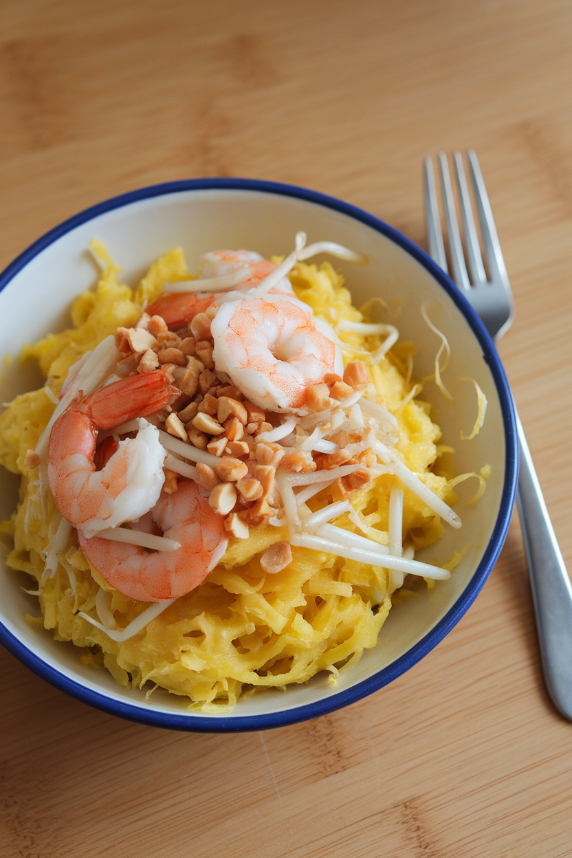 Indoor bowl containing spaghetti squash strands tossed with cooked shrimp, bean sprouts, and crushed peanuts. No text or logos.