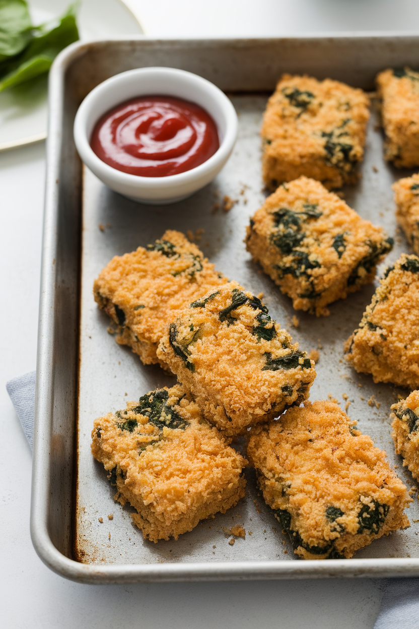 Indoor baking tray holding breaded, baked tofu nuggets with green flecks of spinach, served with a small ketchup bowl. No text or logos.