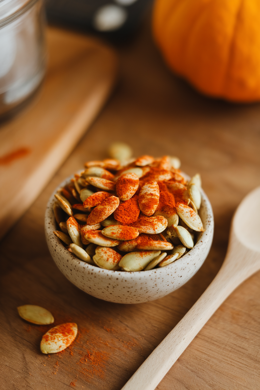 Indoor photo of a small bowl of roasted pumpkin seeds dusted with smoked paprika, next to a wooden spoon. No visible text or logos.