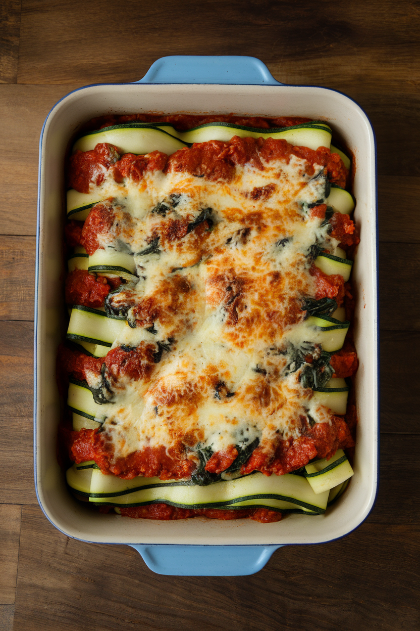 A baking dish on an indoor table with layered zucchini ribbons, beef marinara, and spinach, cheese lightly browned. No logos; photo.