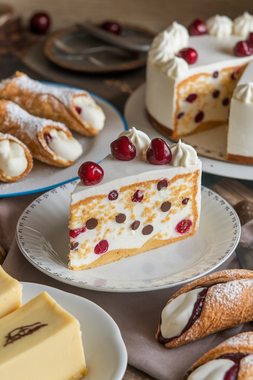 An indoor Italian dessert spread with a slice of ricotta-filled cake dotted with mini chocolate chips and cherry pieces. No text or logos. Photo, not illustration.