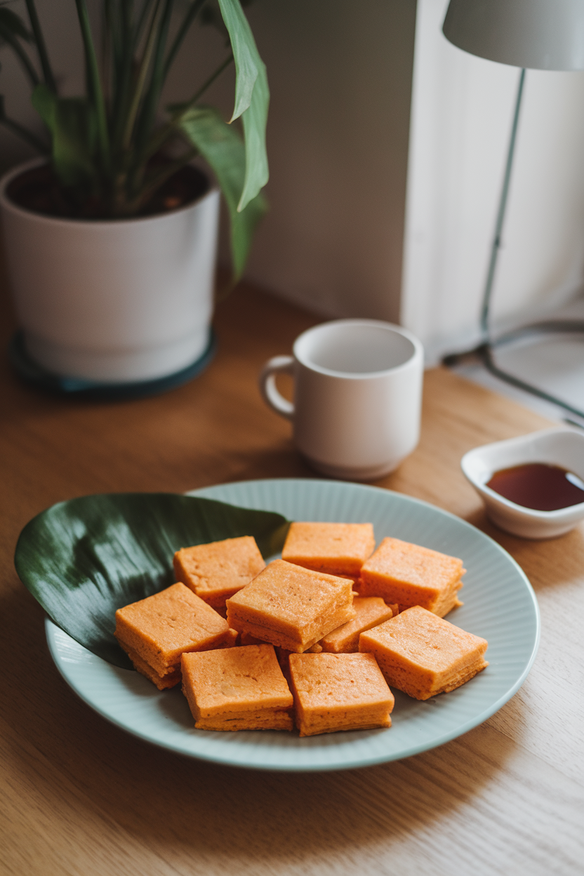 A plate on an indoor breakfast table with small square pieces of sweet potato pancakes, light orange in color, and a drizzle of maple syrup on the side. Soft morning light, no text or logos.