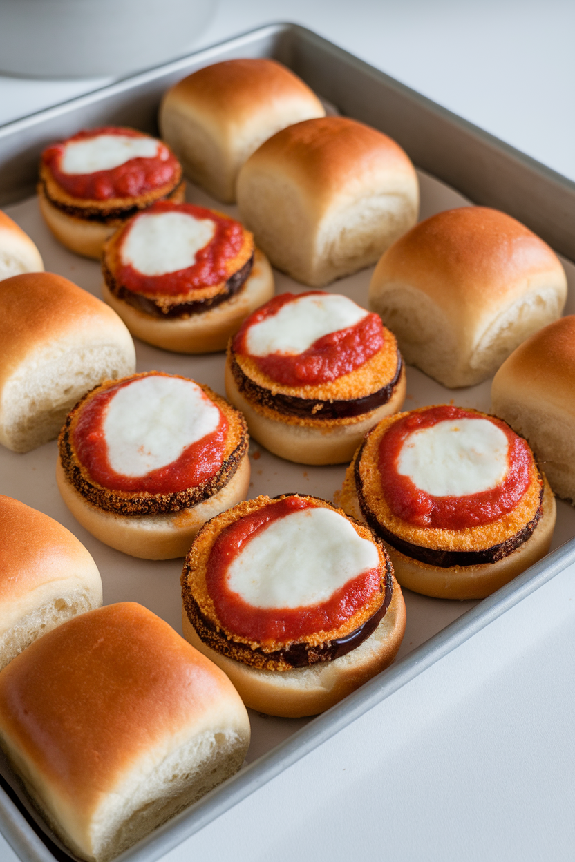 An indoor tray lined with mini brioche buns holding breaded, baked eggplant rounds, marinara, and melted mozzarella. No text or logos anywhere.