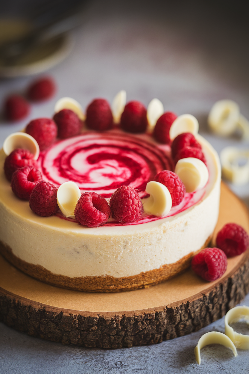 Indoor photo of a round cheesecake topped with raspberry swirls and white chocolate curls, gentle side lighting, no text or logos