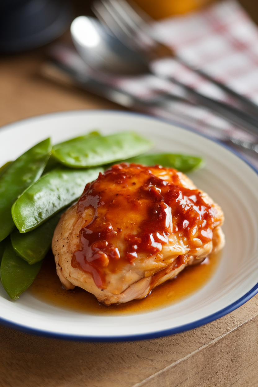 Indoor dinner plate with one small boneless chicken thigh glazed in honey-soy sauce, side of steamed snow peas. No text or logos.